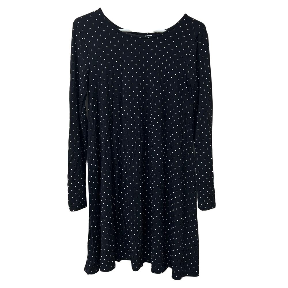 Old Navy Womens Small Tall Black Polka Dot Jersey Knit Swing Long Sleeve Dress